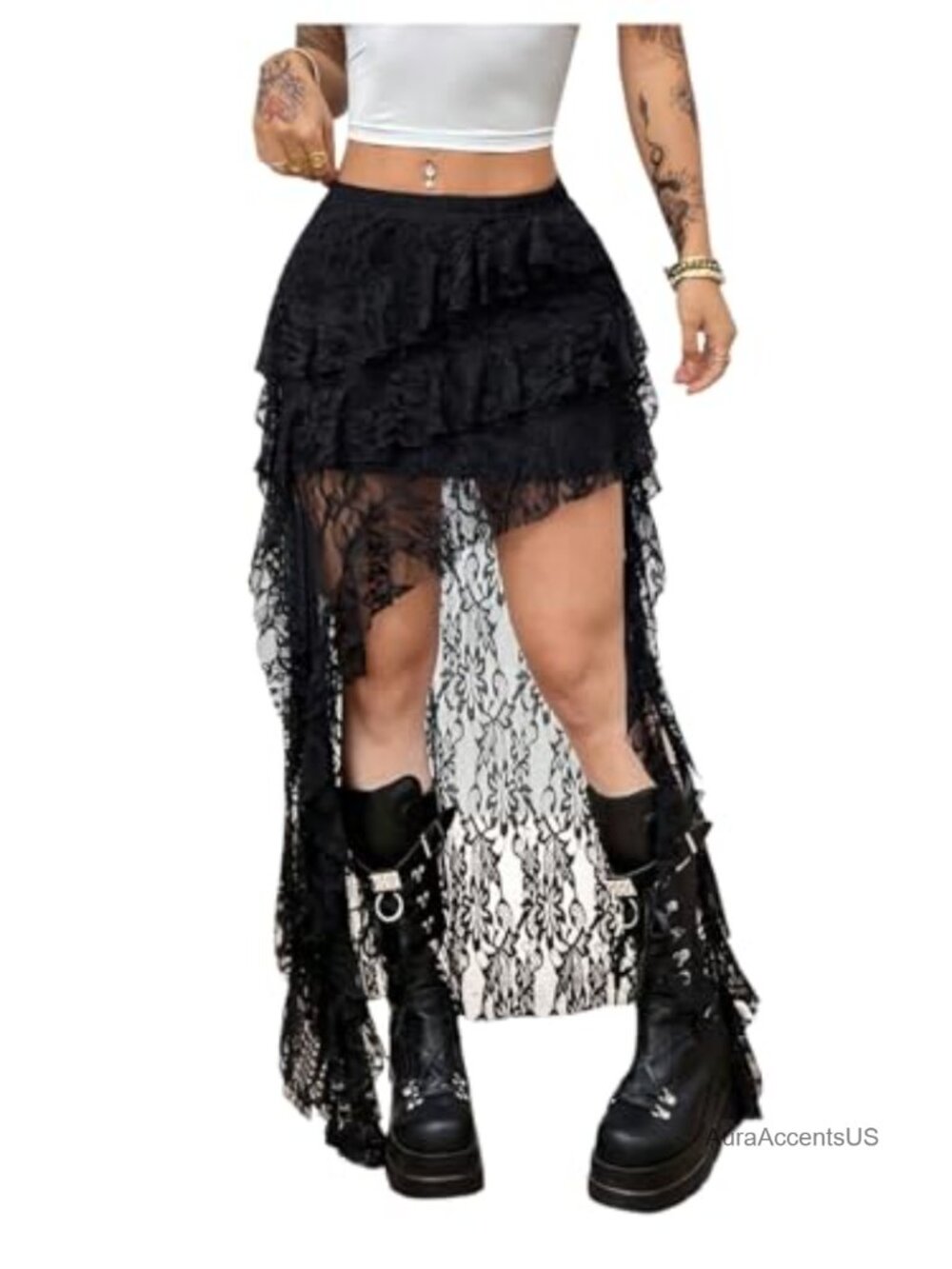 Boho Floral Lace Maxi Skirt Tiered Ruffle Asymmetrical